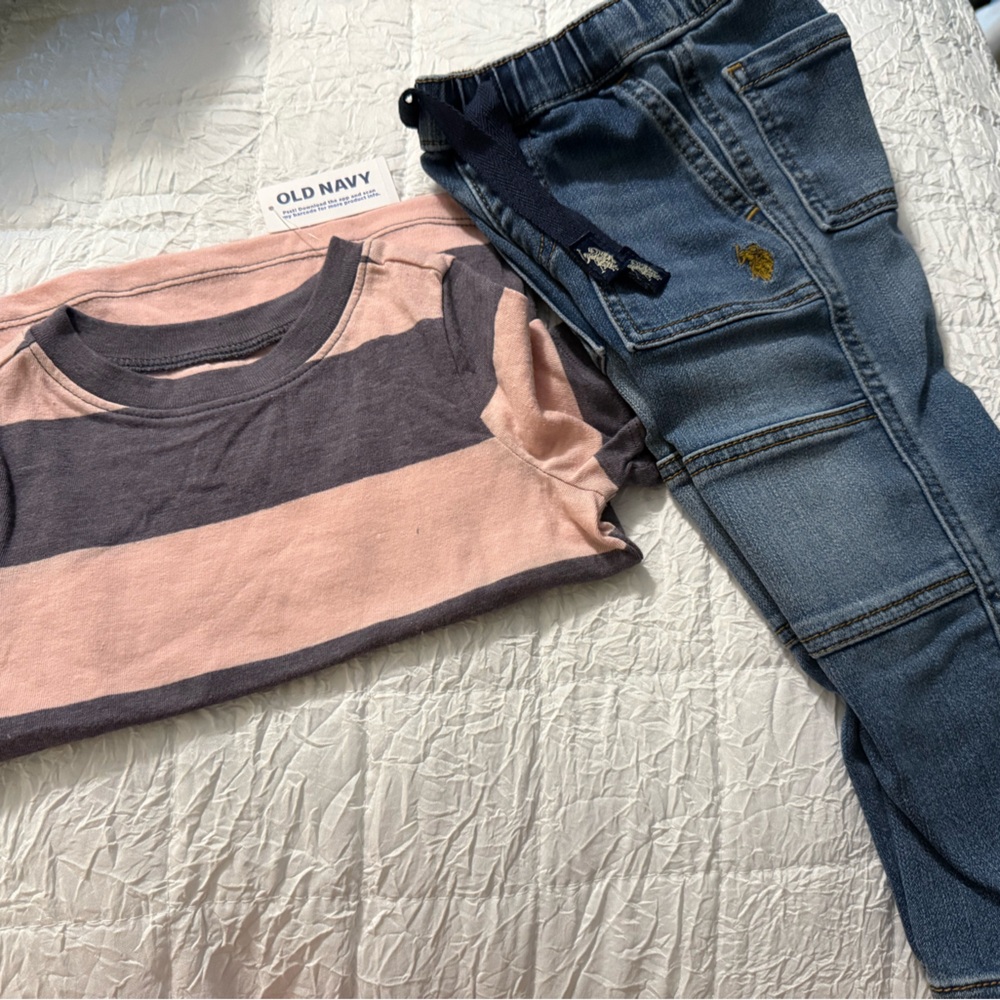 Old Navy Pink and Gray Striped Top with Polo tie Blue Jeans.